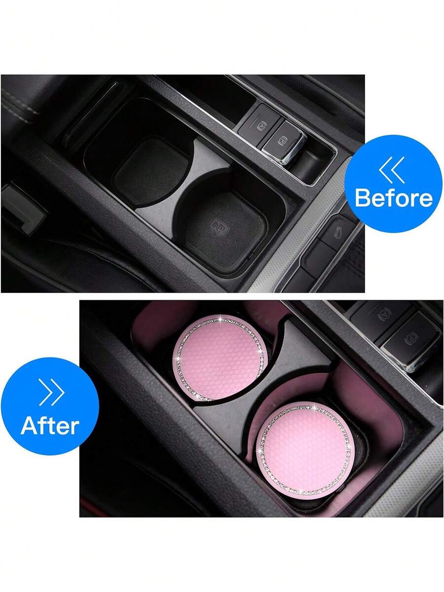 1pc Pink Round Mesh Rubber & Rhinestone Car Cup Holder Mats Creative