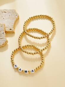 3 件套時尚簡約西式金屬串珠和字母細節女式手鍊,非常適合度假、節日、禮物和日常佩戴配件 - 金黃色 - 查看 4