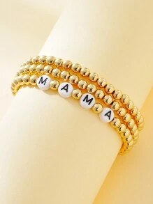 3 件套時尚簡約西式金屬串珠和字母細節女式手鍊,非常適合度假、節日、禮物和日常佩戴配件 - 金黃色 - 查看 1