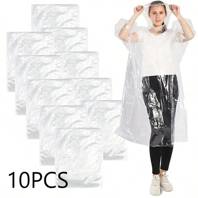 10件/包一次性雨衣，便携式防水带帽雨披，适合旅行和户外活动 - 透明一次性使用，返校用品保暖，闺蜜节、小狗、嘉年华、春夏精选、伴娘礼物、房间、卧室装饰、海滩、旅行、男女皆宜、度假、可爱小物