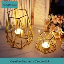 1pc Nordic Style Candle Holder Set, Geometric Iron Art Design With Gold Plating - Gold - View 1