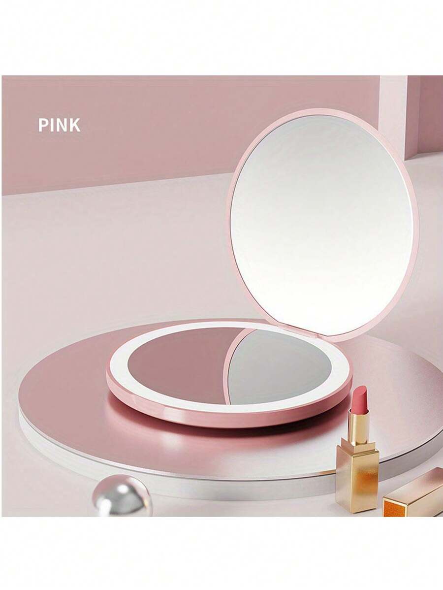 (粉紅色)led旅行化妝鏡,發光緊湊型鏡子,手持雙面旅行便攜式折疊圓鏡帶燈口袋錢包禮物 - 粉色 - 查看 1