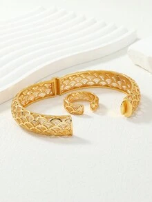 Saudi Arabian Copper Cloud Stacking Pattern Jewelry Set Including 1 Bangle & 1 Open Ring - Yellow Gold - View 5