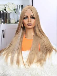 4*1 U型中分綁定式長金色直髮假髮24英寸長度特大捲曲波浪合成纖維蕾絲假髮,適用於女性婚禮、日常穿戴