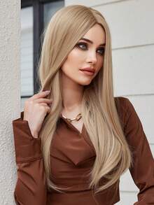 4*1 U型中分綁定式長金色直髮假髮24英寸長度特大捲曲波浪合成纖維蕾絲假髮,適用於女性婚禮、日常穿戴