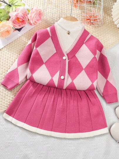 Young Girl 2pcs/Set Simple Chic Leisure Diamond Checks Cardigan And Skirt Suit For Autumn And Winter