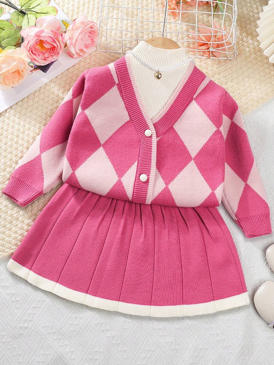 Young Girl 2pcs/Set Simple Chic Leisure Diamond Checks Cardigan And Skirt Suit For Autumn And Winter - Red - View 1