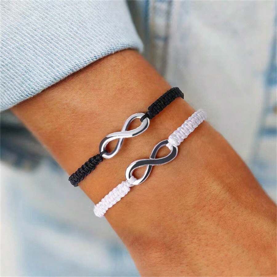 Conjunto De 2 Pulseras De Cuerda Simples En Blanco Y Negro - Blanco y Negro - Ver 1