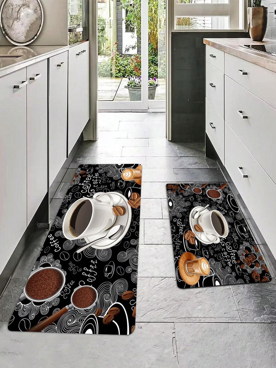 1pc coffee print anti-fatigue kitchen floor mat, non slip hallway balcony polyester laundry rug machine washable household carpet for hallway laundry room - Multicolor - View 1