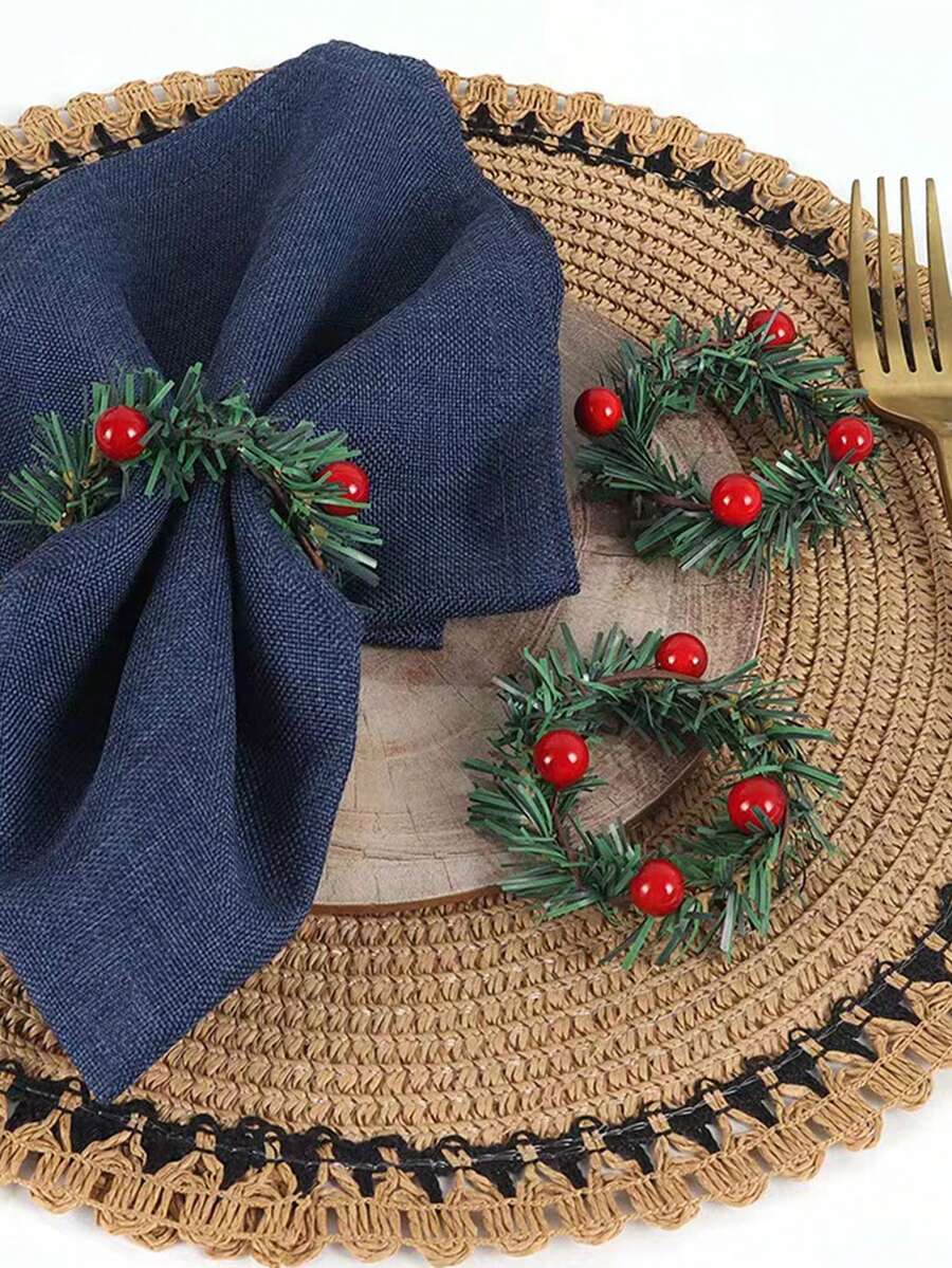 YOUFEN 1套/10入綠色餐巾環,聖誕系列紅色漿果松針花環編織餐巾扣,餐具和餐巾不包括在內