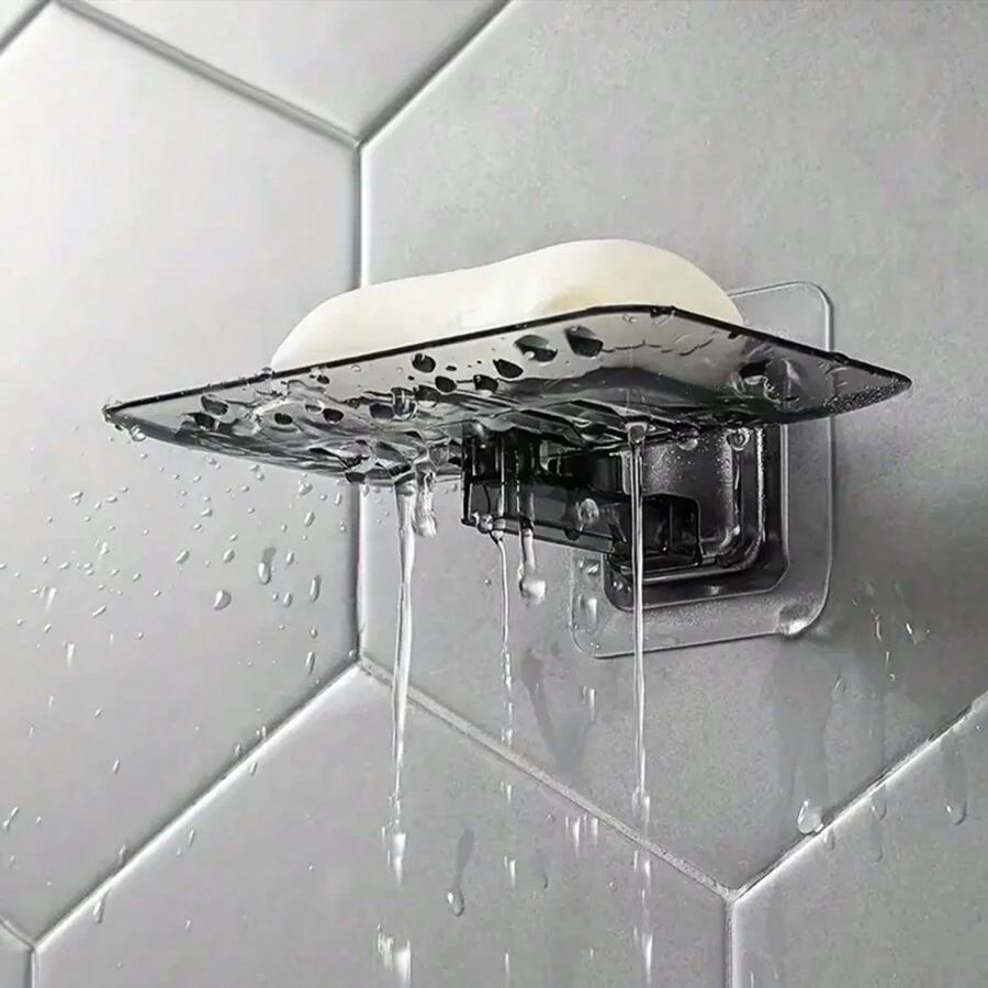 1pc Transparent Drainable Soap Dish With Wall Mount For Bathroom - Black - View 1