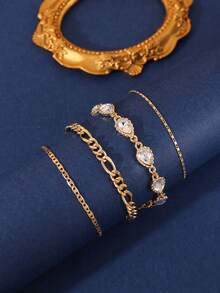 一組 4 件套優雅金色合金手鍊,鑲嵌水鑽,適合女士日常佩戴、禮物、派對 - 金黃色 - 查看 6