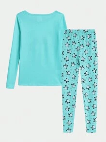 2入組/套初/青少女貼身貼身熊貓圖案長袖上衣和褲子,假期休閒舒適家居服 - 藍色 - 查看 2