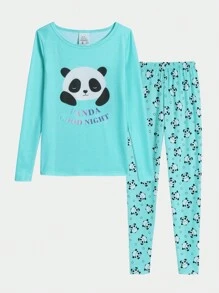 2入組/套初/青少女貼身貼身熊貓圖案長袖上衣和褲子,假期休閒舒適家居服 - 藍色 - 查看 1