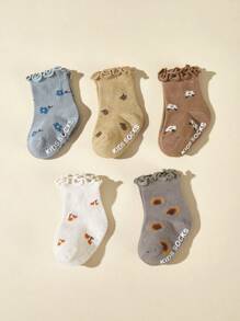 10對/包寶寶男女童提花中筒襪,防滑底適用於全季節