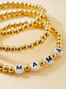 3 件套時尚簡約西式金屬串珠和字母細節女式手鍊,非常適合度假、節日、禮物和日常佩戴配件 - 金黃色 - 查看 2