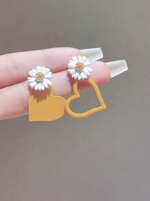 1 par de pendientes colgantes de mujer con diseño de flor y corazón, de aleación de zinc, a juego, como regalo para citas o San Valentín