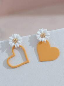 1 par de pendientes colgantes de mujer con diseño de flor y corazón, de aleación de zinc, a juego, como regalo para citas o San Valentín