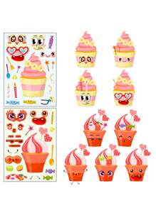 1pack/6pcs Cake Series Face Swap Stickers, Kids' Fun & Sweet Ice Cream Themed Puzzle Stickers - Apricot - View 4