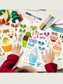 1pack/6pcs Cake Series Face Swap Stickers, Kids' Fun & Sweet Ice Cream Themed Puzzle Stickers - Apricot - View 6