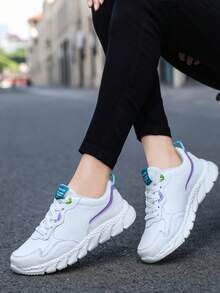 女士多功能舒适厚底运动鞋 - 时尚纯色、合成皮革、防滑低帮休闲跑鞋、合成皮革鞋面、适合所有季节