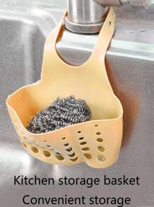 1pc Adjustable Kitchen Sink Organizer Storage Basket, With Drainage Hollow Sponge Rack And Hooked Adjustable Pouch - Yellow - View 1