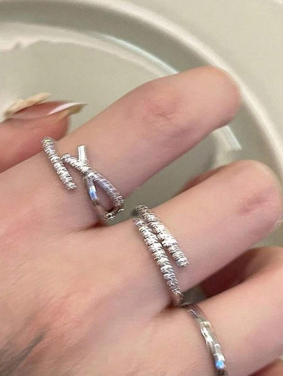 Anillo Abierto De Moda De 3 Piezas Con Decoración De Corazón Y Diamantes De Imitación, Adecuado Para El Uso Diario De Las Mujeres - Plateado - Ver 1