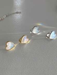 一對純銀 S925 銀復古簡約優雅奢華可愛白貝殼愛心耳環女式女孩時尚時尚耳圈日常生活派對珠寶禮物