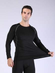 男士经典长袖高弹力运动 T 恤，带保暖内衬