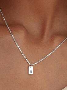 1Pc 26 chữ cái A-Z Vòng cổ mặt dây chuyền thẻ chữ cái đầu cá nhân hóa cho phụ nữ Quà tặng trang sức hợp thời trang - Bạc - Xem 34