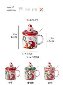 1pc 10oz Ceramic Santa Claus Mug With Lid And Spoon, Full Pattern Coffee Cup, Suitable For Drinking Water, Tea, Coffee, Christmas Gift - Red - View 2