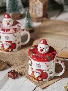 1pc 10oz Ceramic Santa Claus Mug With Lid And Spoon, Full Pattern Coffee Cup, Suitable For Drinking Water, Tea, Coffee, Christmas Gift - Red - View 4
