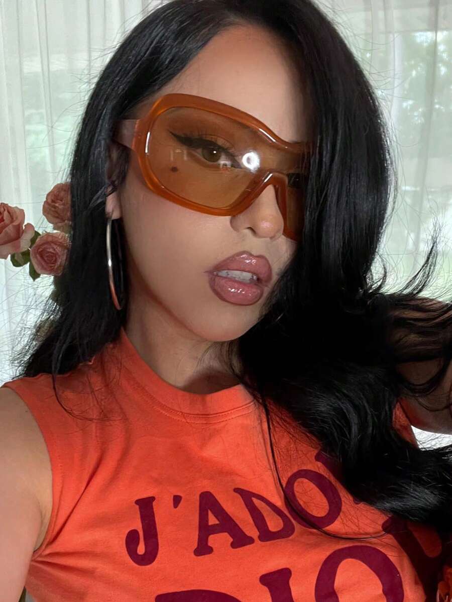 1pc Oversized Wrap Around Face Mask Unique Outdoor Y2K Fashion Fashion Glasses Beach Accessories For Women Glasses Shades - Orange - View 1