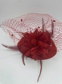 復古羽毛和珍珠新娘面紗帽,優雅女士帽,適合派對、雞尾酒會和時裝秀。 - 紅色 - 查看 3