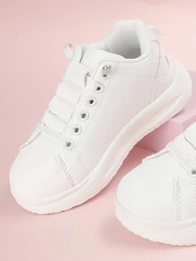 兒童雙性黑/白色彈性帶滑步運動鞋,平底鞋底, 休閒運動,輕便舒適,適合學校