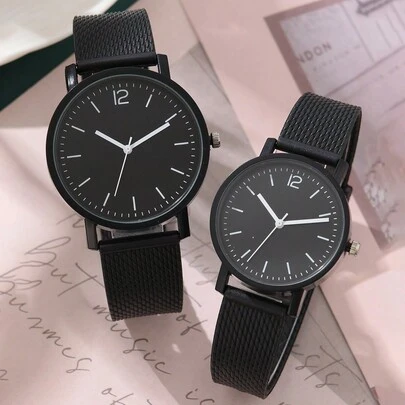 2入組黑色情侶石英手錶,黑色塑料表帶,休閒風格