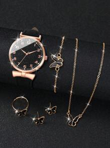 Women's Pu Leather Strap Fashionable Starry Sky Digital Dial Quartz Wristwatch + Butterfly Jewelry Set (6pcs/Set) As A Gift For Students Returning To School