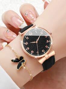 Women's Pu Leather Strap Fashionable Starry Sky Digital Dial Quartz Wristwatch + Butterfly Jewelry Set (6pcs/Set) As A Gift For Students Returning To School