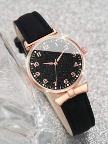 Women's Pu Leather Strap Fashionable Starry Sky Digital Dial Quartz Wristwatch + Butterfly Jewelry Set (6pcs/Set) As A Gift For Students Returning To School