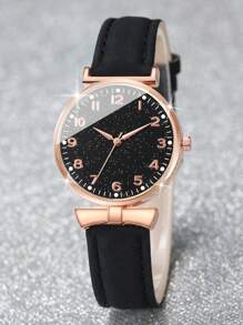 Women's Pu Leather Strap Fashionable Starry Sky Digital Dial Quartz Wristwatch + Butterfly Jewelry Set (6pcs/Set) As A Gift For Students Returning To School