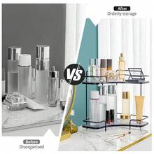 Bathroom Countertop Corner Storage Shelf, Vanity Tray For Perfume, 2 Layers Metal Makeup Storage Organizer, Skincare Cosmetic Box And Cabinet, Black - Black - View 3