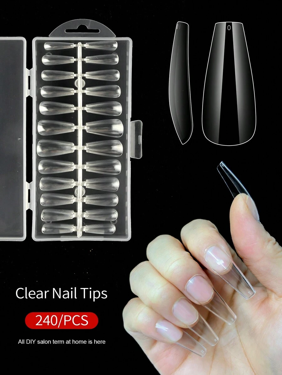 240pcs/box Transparent Long Coffin Shaped Nail Tips - Clear - View 1