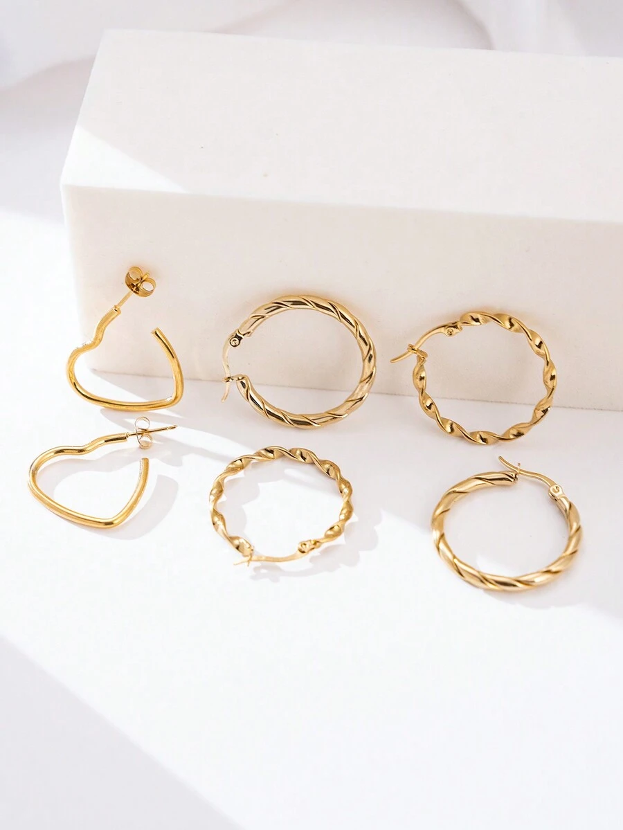 6入組復古扭曲心型鍍金不銹鋼耳環套裝 - 金色 - 查看 1