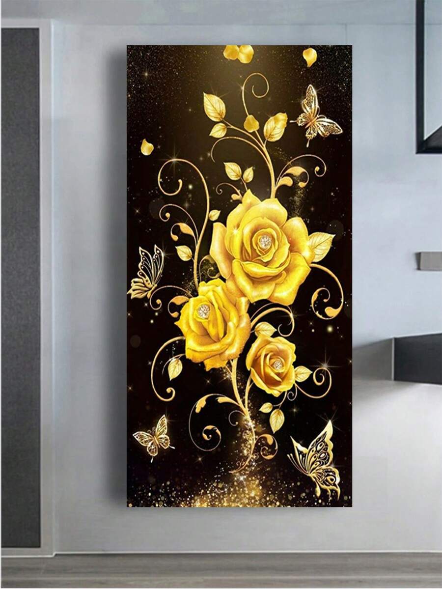 1入組5d完全打孔鑽石畫diy套件,蝴蝶和花卉馬賽克藝術品,大尺寸鑽石畫作品,適用於家居客廳裝飾