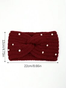 1 件女式純色交叉珍珠頭帶針織冬季保暖雙層麻花頭巾,優雅甜美校園風格,適合派對、舞蹈和日常裝束 - 酒紅色 - 查看 3