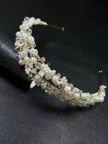 1入女款雙排時尚珍珠發帶,手工水晶發帶,適用於婚禮、派對和日常穿著