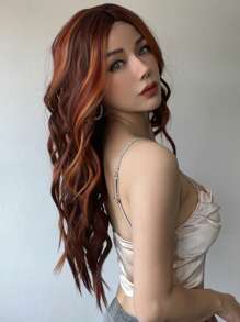 28吋t型蕾絲13*6*1橘紅色波浪捲髮適合聚會配戴合成纖維女假髮