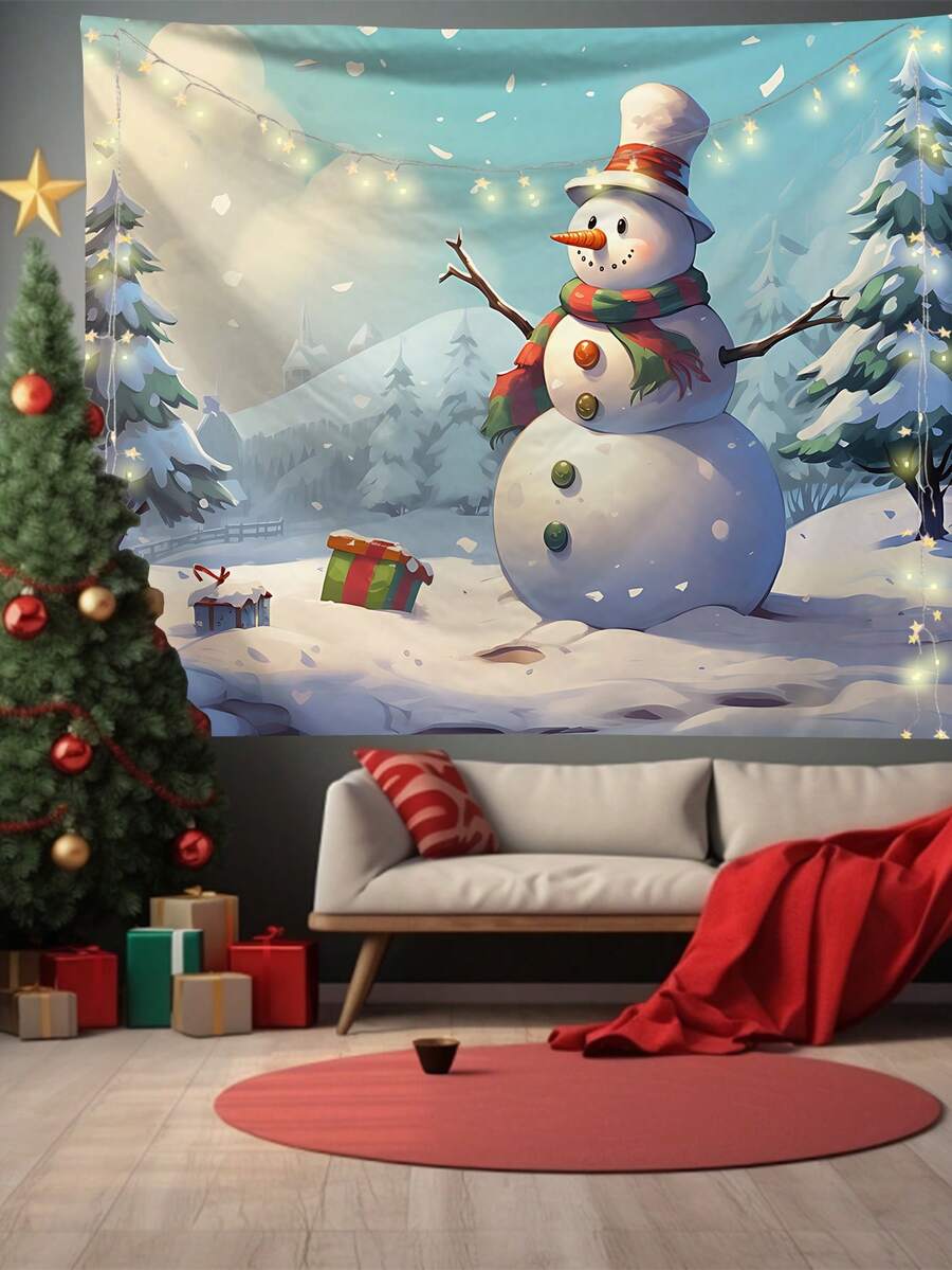 1入組雪人圖紡織掛毯,附3根牆釘和2個夾子,印花矩形牆飾具柔軟質地,適用於臥室的聖誕裝飾 - 彩色 - 查看 1
