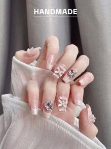 GIRL PLUS Girlplus 10 款手工制作的中号棺材形状假指甲，粉色蝴蝶结法式按压指甲设计，时尚指甲套装适合女士和女孩日常佩戴按压指甲美甲用品指甲