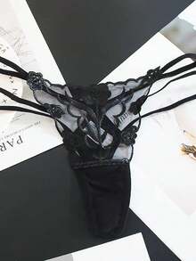 Black Embroidered Temptation T-back Panties - Black - View 3